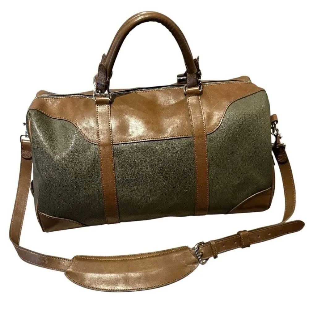 Mulholland Brothers Leather Longhorn Weekender Duffel Bag Green Brown USA Made